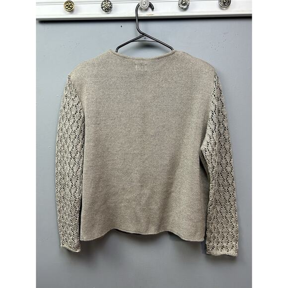 Natural Style Cardigan Sweater Womens XL Tan Linen Fabric Weave Button Lagenlook - Picture 2 of 9